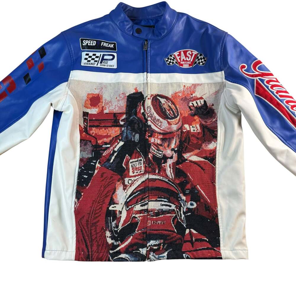 Copper Rivet Speed Freak Racing Tapestry Faux Leather Moto Jacket Royal Blue S